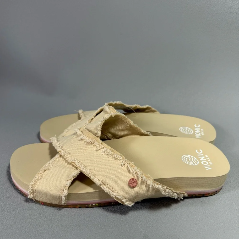Vionic Boardwalk Panama Beige Canvas Crisscross Slip-On Slide Sandals